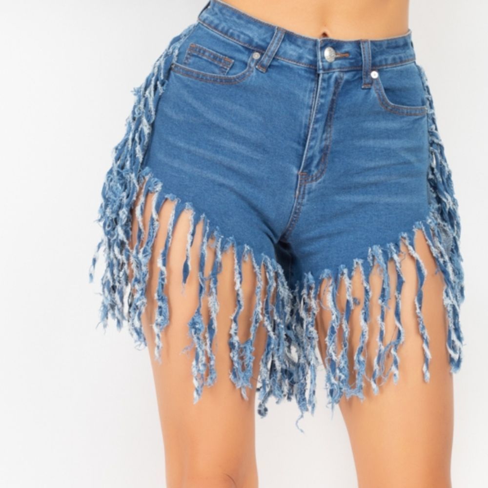 Fringe hem denim shorts